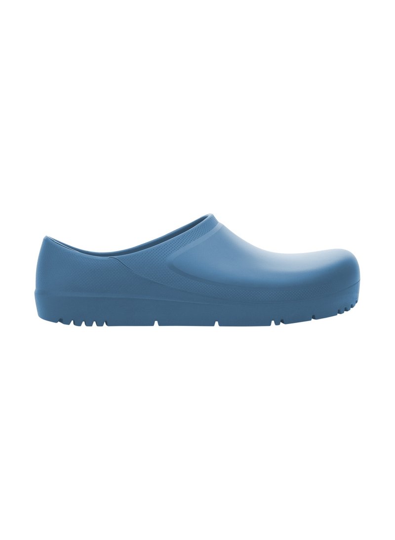 Sabots en caoutchouc bleu avec un bout arrondi, texture lisse et petit talon. Semelle crantée pour l'adhérence, avec un design minimaliste et sans accents visibles.