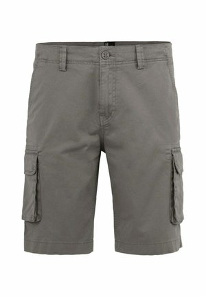 Grijze cargoshorts met knoop- en ritssluiting, riemlussen en klepzakken aan weerszijden.