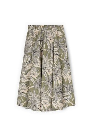 Jupe plissée longueur genou avec taille élastique, fond vert olive, motif feuilles tropicales beige et noir.