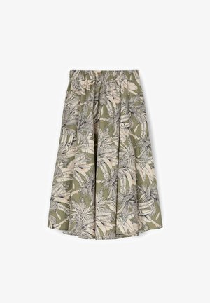 Jupe plissée longueur genou avec taille élastique, fond vert olive, motif feuilles tropicales beige et noir.