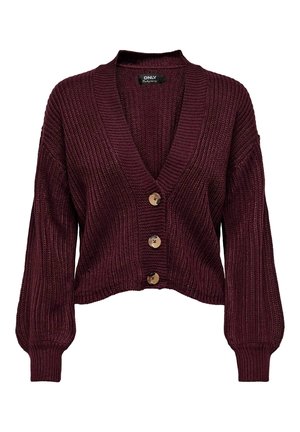 Burgundy grovstickad cardigan med tre stora knappar, V-ringning, långa ballongärmar samt ribbade muddar och fåll.