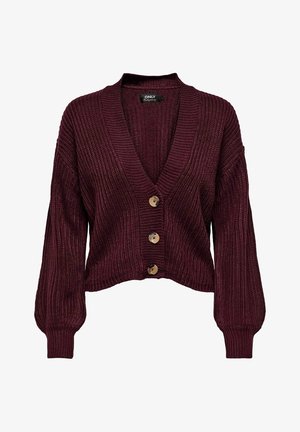 Bordeauxfarbene, grob gestrickte Strickjacke mit drei großen Knöpfen, V-Ausschnitt, langen Ballonärmeln sowie gerippten Bündchen und Saum.