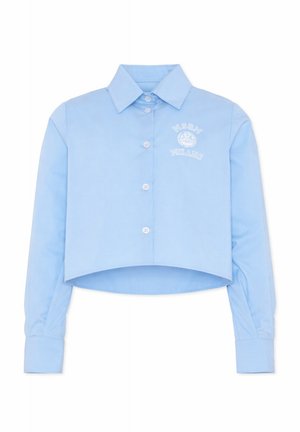 Camicia corta azzurro chiaro con bottoni, maniche lunghe e logo ricamato bianco "MSGM Milano" sul petto a sinistra.