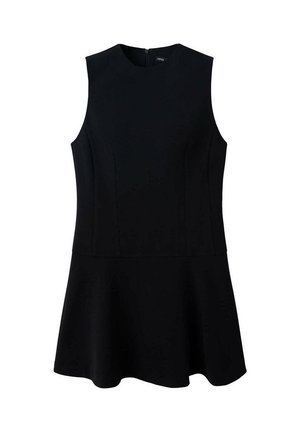 Robe noire sans manches avec un corsage ajusté et une jupe évasée, avec un col rond et une fermeture éclair au dos.