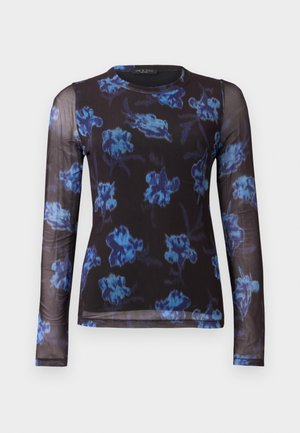 Langermet, gjennomsiktig topp i svart med blått blomsterprint. Har rund hals og myk tekstur. Ideell for lag-på-lag bruk.