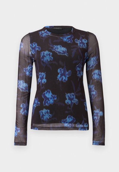 Langärmeliges, transparentes Oberteil in Schwarz mit blauem Blumenmuster. Verfügt über einen Rundhalsausschnitt und eine weiche Textur. Ideal zum Schichten.