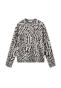 Sweter dzianinowy w beżowym kolorze z czarnym wzorem zebry; okrągły dekolt, długie rękawy, prążkowane mankiety i dół. Miękka faktura, casualowy design.