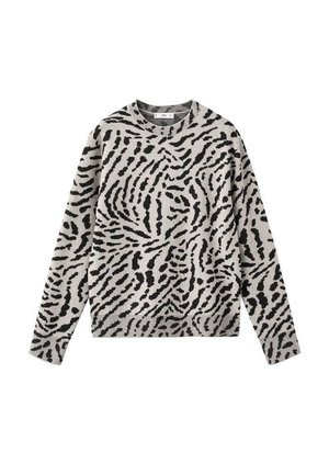Pull en tricot beige avec un motif zèbre noir ; col rond, manches longues, poignets et ourlet côtelés. Texture douce, design décontracté.