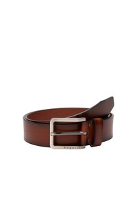Brown leather belt with a metallic silver square buckle. Features a smooth texture and a classic design. Brand name engraved on the buckle.