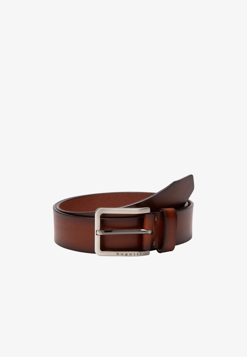 Brown leather belt with a metallic silver square buckle. Features a smooth texture and a classic design. Brand name engraved on the buckle.