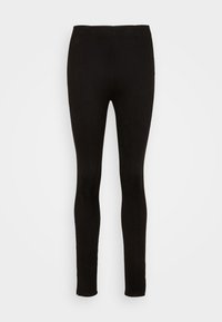 Black leggings made from stretch fabric, featuring a fitted design, smooth texture, and a mid-rise waist with no visible fastenings.