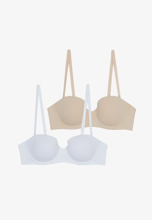 Zwei BHs, einer in Nude und einer in Weiß, beide mit gepolsterten Körbchen, verstellbaren Trägern und glattem Stoff. Jeder hat ein klassisches Unterdrahtdesign.