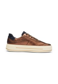 Brown metallic leather sneaker with a padded navy suede collar, round toe, and a thick white rubber sole featuring horizontal grooves.