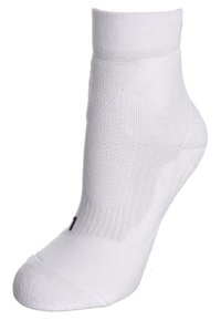 Calzino bianco alla caviglia realizzato in un tessuto elasticizzato e leggero. Presenta una cima a costine, una superficie liscia e un logo nero accentato sul lato.
