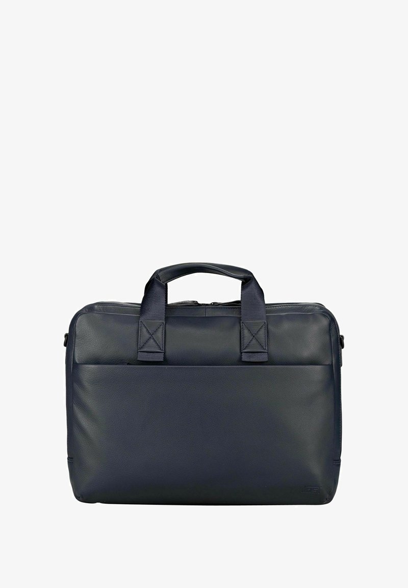 Marineblauer Laptop-Tasche aus Leder mit zwei oberen Griffen, einer Fronttasche und verstärkten Nähten. Glatte Textur mit minimalistischem Design.