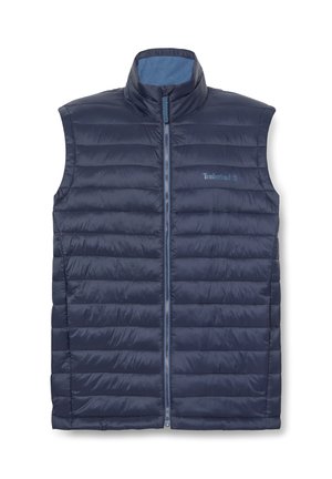 Veste sans manches matelassée bleu marine avec une fermeture éclair à l'avant et un col montant, arborant le logo Timberland sur la poitrine gauche.