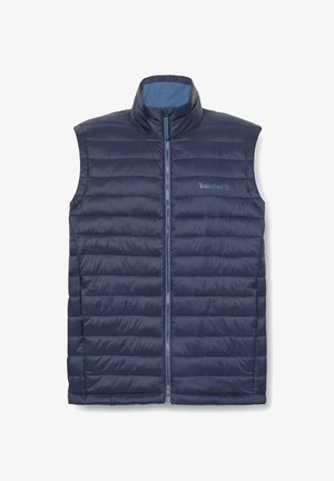 Donkerblauw doorgestikt mouwloos vest met een ritssluiting aan de voorkant en een opstaande kraag, met het Timberland-logo op de linkerbovenkant.