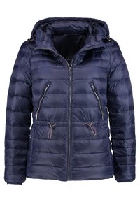 Doudoune matelassée bleu marine avec fermeture éclair frontale, deux poches poitrine zippées, cordons de serrage ajustables à la taille et col montant.