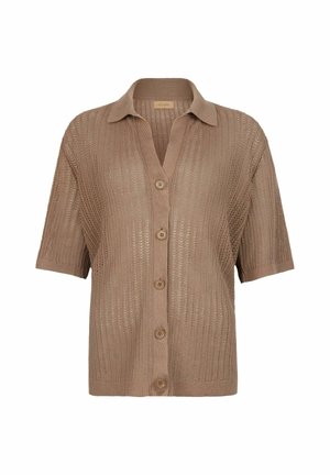 Beige kortärmad stickad cardigan med v-ringning och fem knappar. Har ett texturerat, öppet vävda mönster och en krage.