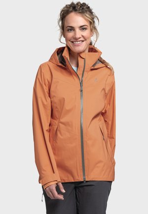 Orange waterproof jacket with a zippered front, hood, and side pockets. Smooth texture with gray accents and a fitted design.