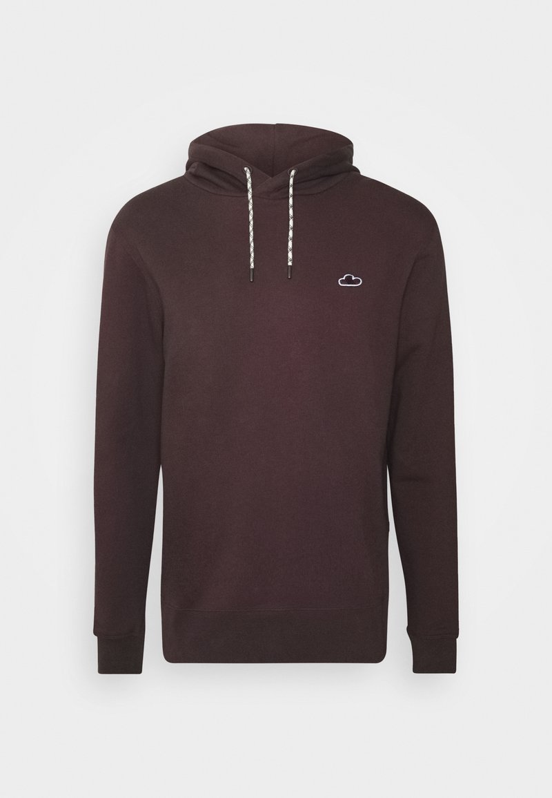 Felpa con cappuccio a maniche lunghe di colore marrone scuro con cordini bianchi e neri, piccolo logo a forma di nuvola bianca sul petto a sinistra, polsini e orlo a coste.