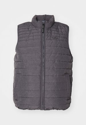 Gray padded vest with vertical stitching, high collar, and zipper front. Features two side pockets and a small logo on the chest.