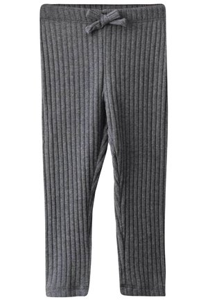 Pantalones de punto acanalado gris suave con cintura elástica y cordón delantero anudado, diseñados para comodidad y uso casual.