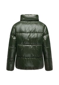 Groene, glanzende pufferjack met een hoge kraag en horizontaal gestikte patronen, met een ontspannen pasvorm en ribgebreide manchetten.