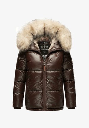 Braune Pufferjacke mit glänzender Oberfläche, ausgestattet mit einer Kunstfellkapuze, Reißverschluss vorne, elastischen Bündchen und zwei seitlichen Taschen. Innen mit gemustertem Futter.