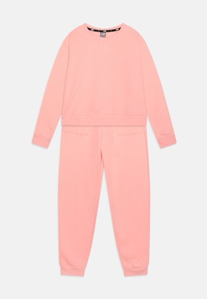 Completo felpa rosa composto da felpa e pantaloni della tuta realizzati in un tessuto morbido e leggero. La felpa ha un collo rotondo e un orlo a coste, mentre i pantaloni sono dotati di tasche.