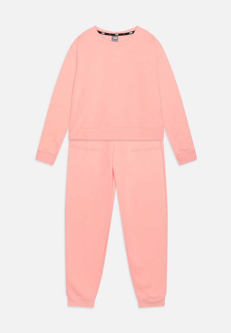 Completo felpa rosa composto da felpa e pantaloni della tuta realizzati in un tessuto morbido e leggero. La felpa ha un collo rotondo e un orlo a coste, mentre i pantaloni sono dotati di tasche.