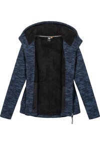 Navy blue fleece jacket with a soft black interior, zip closure, and two side pockets. Features a cozy hood and textured fabric design.