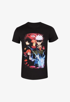 Schwarzes Baumwoll-T-Shirt mit buntem Grafikdruck von Charakteren mit verschiedenen Haarfarben und -stilen, vor einem lebhaften Hintergrund.