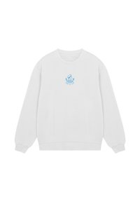 White sweatshirt with long sleeves, ribbed cuffs, and a round neckline. Features a light blue embroidered design on the chest.