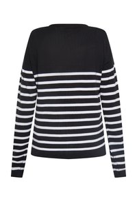 Gestreifter Pullover mit schwarz-weißen horizontalen Streifen, langen Ärmeln, gerippter Textur und rundem Ausschnitt. Rückansicht dargestellt.