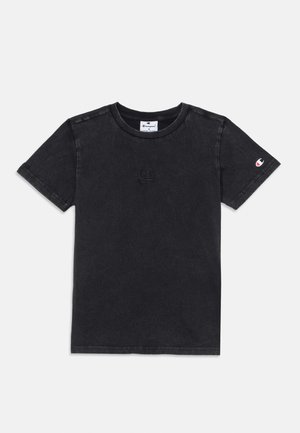 Black cotton t-shirt with a round neckline, short sleeves, and a subtle embroidered logo on the chest. Simple and smooth texture.