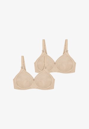 Reggiseni beige con coppe sagomate, spalline regolabili, dettagli ricamati e accessori floreali decorativi. Texture liscia e design senza cuciture.