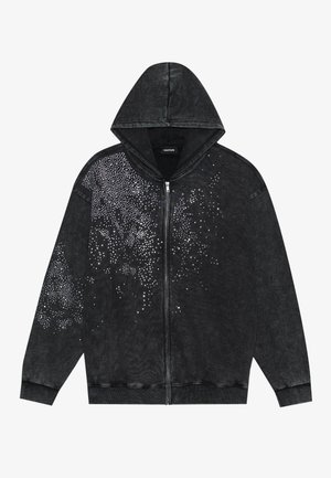 Grijze hoodie met rits, gemaakt van een gestructureerde stof en voorzien van zilverkleurige details aan één kant. Heeft ribbelboorden en een ribbelzoom.