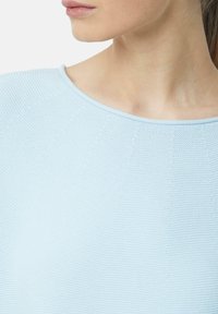 Helles blaues Strickoberteil mit rundem Ausschnitt und subtiler Textur. Die Ärmel sind schmal und der Stoff sieht atmungsaktiv und weich aus.