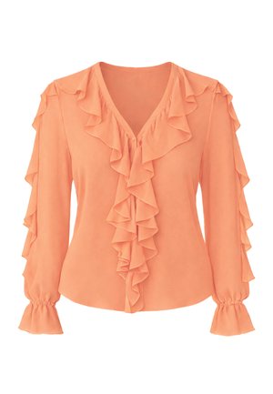 Peach long-sleeve blouse with V-neck, ruffled trim along neckline, front, sleeves, and elastic ruffled cuffs.