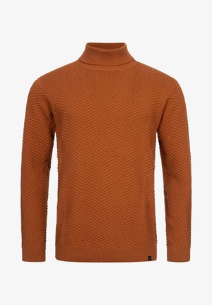 Bruine coltrui met een visgraatstructuur, geribbelde manchetten en zoom; heeft een getailleerd ontwerp en zachte gebreide stof.