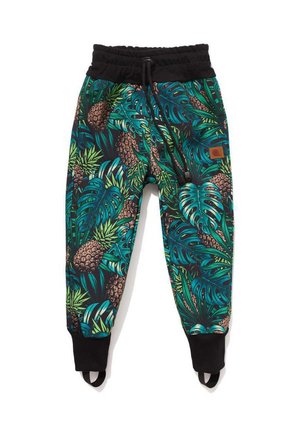 Dziecięce spodnie dresowe z tropikalnym nadrukiem ananasów i dużych turkusowych liści, czarna elastyczna talia, mankiety i paski na stopy.