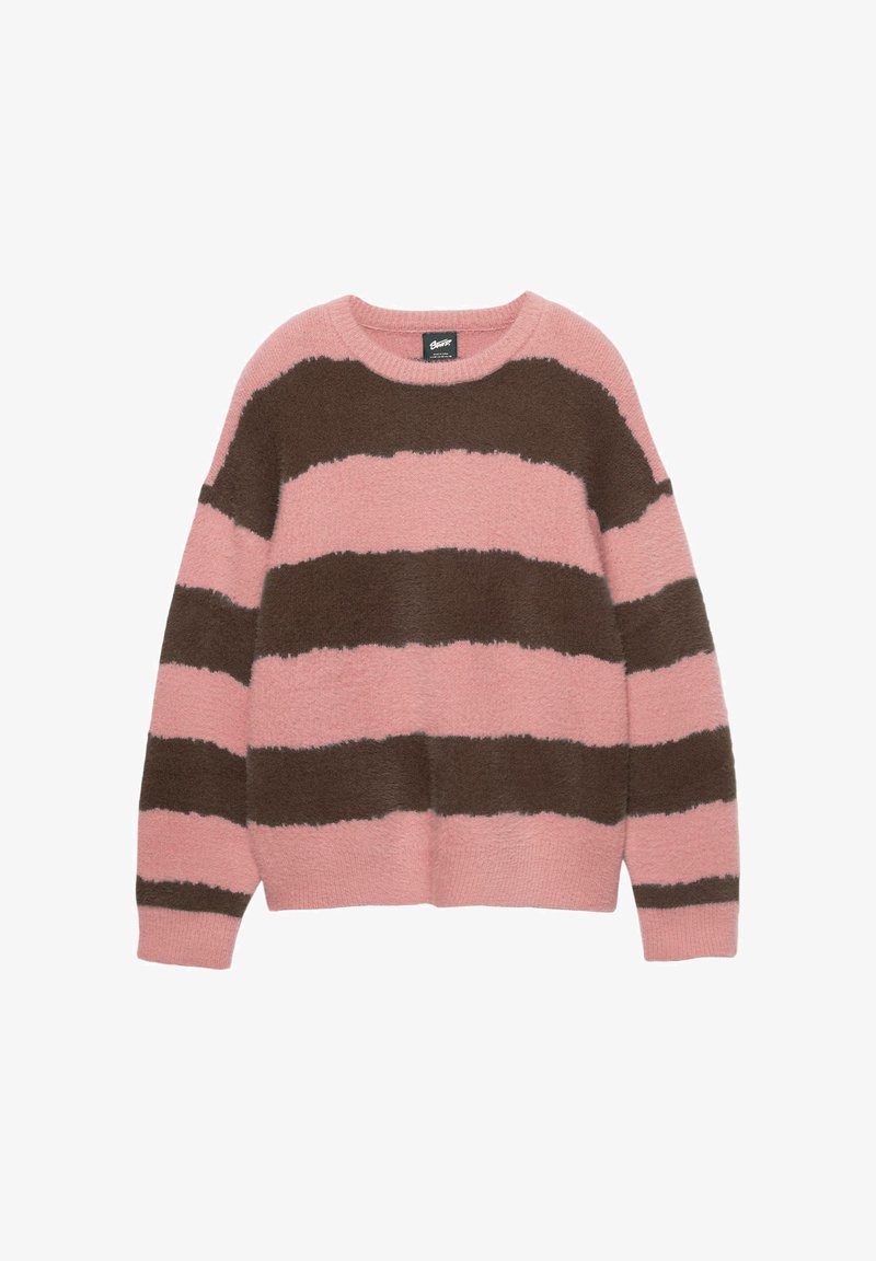 Randig tröja i mjukt, fluffigt tyg med växlande breda band i ljusrosa och mörkbrunt. Rund halsringning och avslappnad passform.