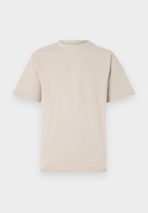 Beige short-sleeve t-shirt, crew neckline, made of smooth cotton fabric, featuring a relaxed fit and no visible patterns or embellishments.