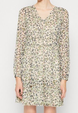Kjole med blomsterprint i let, gennemsigtigt stof. Har V-udskæring, lange ærmer og lagdelt flæsekant i nuancer af grøn, pink og beige.