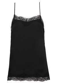 Svart camisole i mjukt tyg. Har spetsdetaljer vid halsringning och fåll, med tunna justerbara band. Klassisk och minimalistisk design.