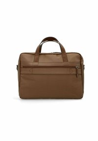 Brown fabric duffel bag with leather handles, rectangular shape, zippered front pocket, and smooth texture.
