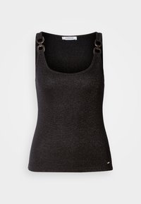 Black sleeveless top with a scoop neckline, featuring metallic flecks, decorative shoulder hardware, and a fitted silhouette.