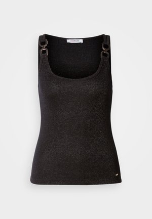 Black sleeveless top with a scoop neckline, featuring metallic flecks, decorative shoulder hardware, and a fitted silhouette.