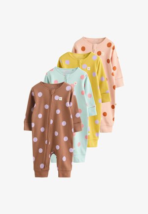 Cuatro peleles de bebé de manga larga con cremalleras delanteras, tela acanalada y grandes lunares en colores marrón, azul, amarillo y rosa.